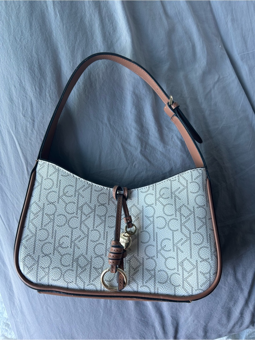 Calvin Klein White Monogram Shoulder Bag with Brown Trim and Gold Accents